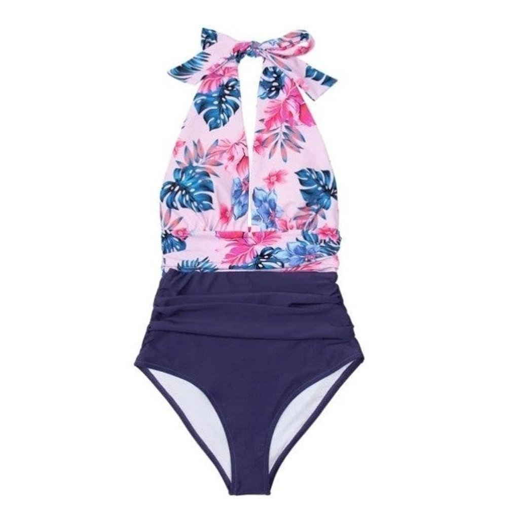 CUPSHE Navy Floral Deep V-neck Halter One-Piece Swimsuit Sexy Backless L…